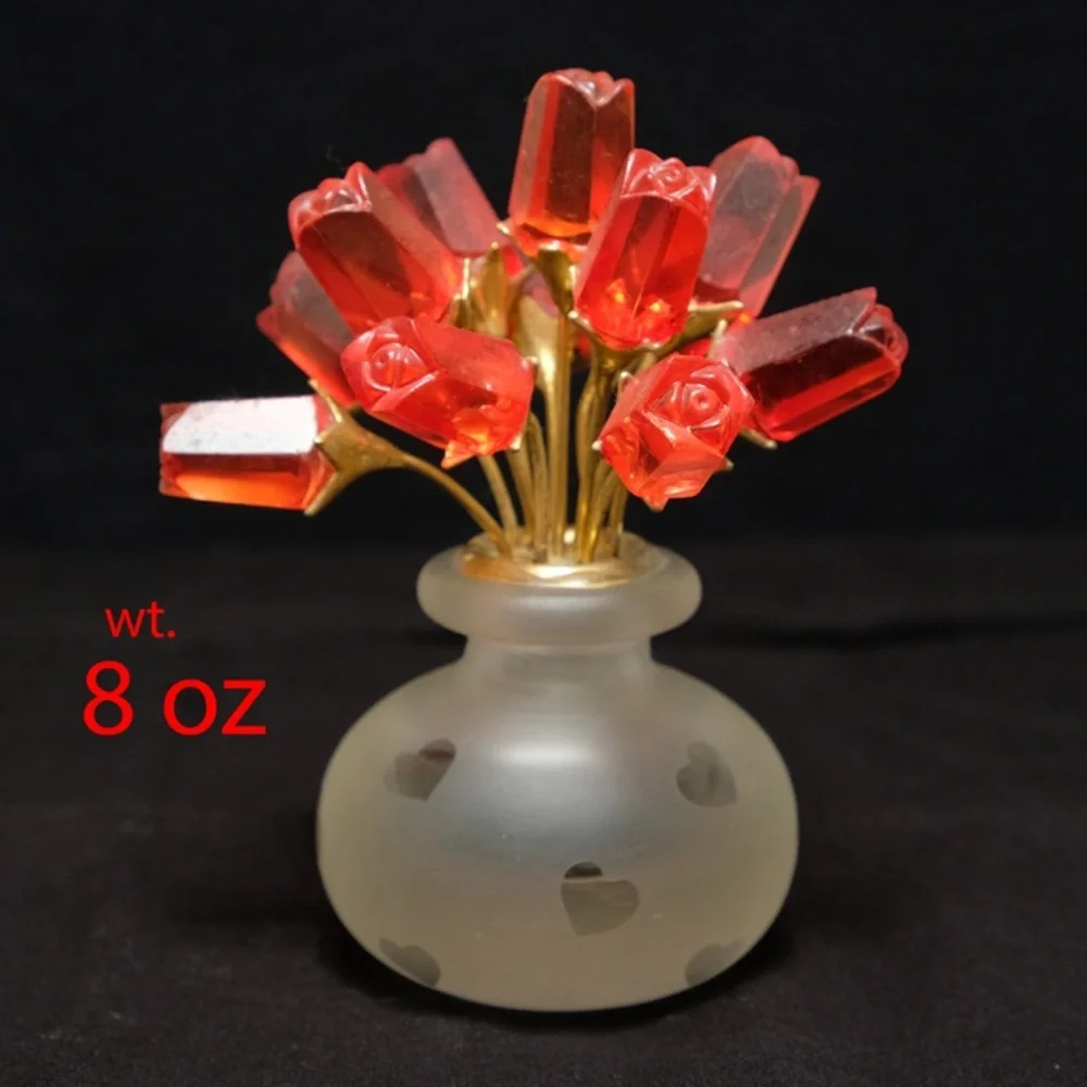Frosted Art Crystal Glass Vase and Lucite Rose Brass Stem Bouquet Paperweight - Picture 3 of 5